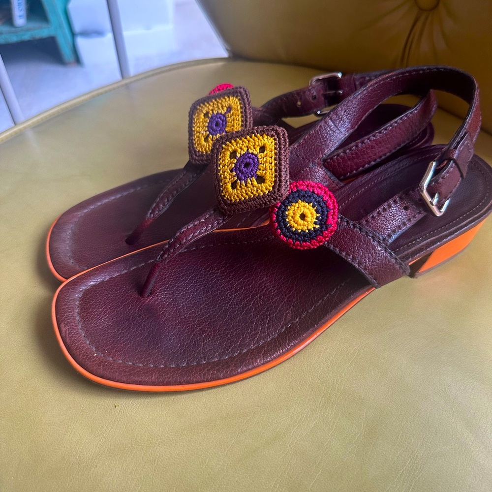 Vintage PRADA 90s  crochet brown leather sandals 38 1/2 M US 8 1/2 M